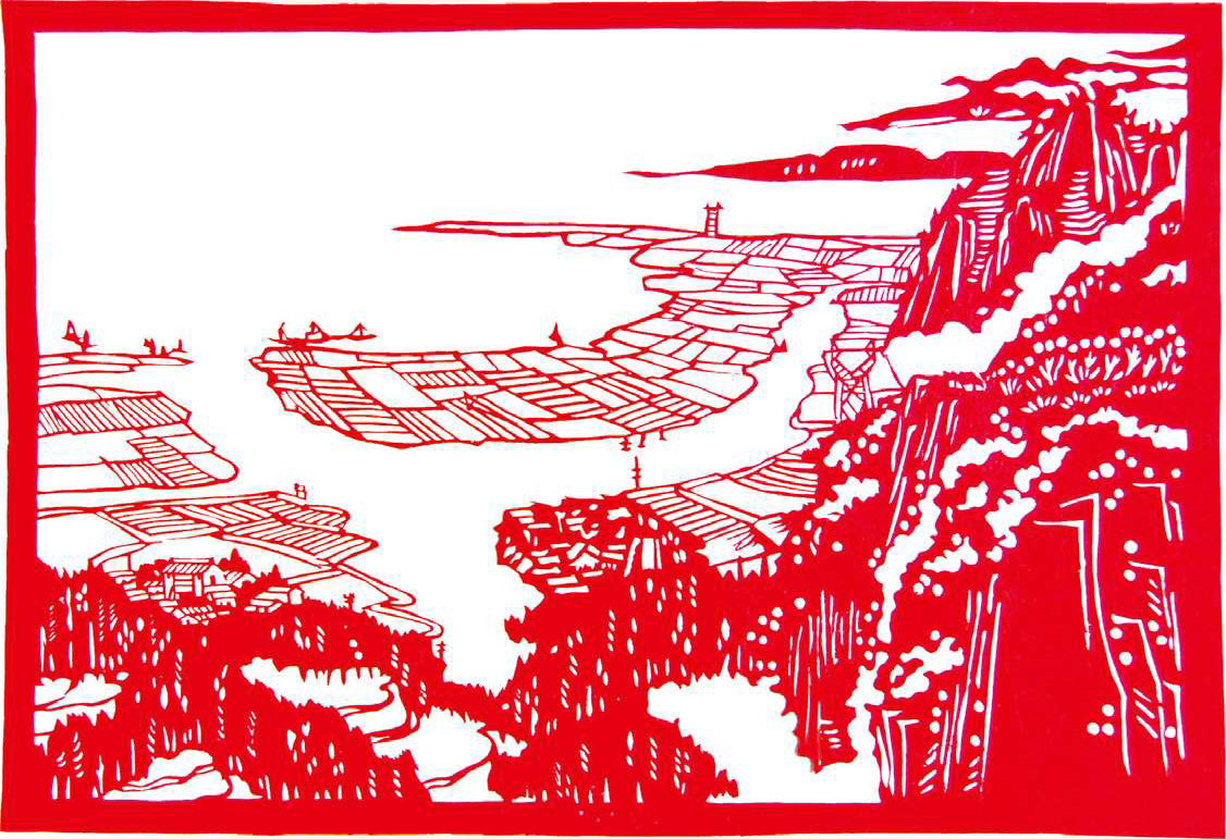 剪纸艺人巧夺天工的高超技艺;《山河如锦绣》是尽量疏,借鉴中国山水画