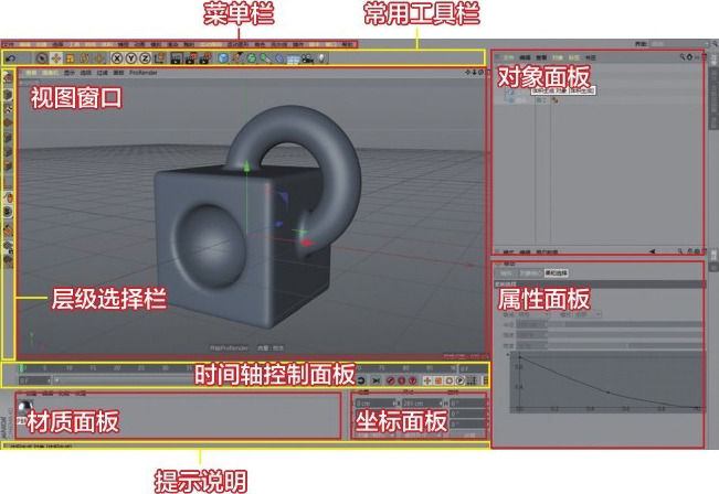 菜单栏 常用工具栏视图窗口层级选择栏时间轴控制面板材质面板 坐标面板对象面板属性面板提示说明