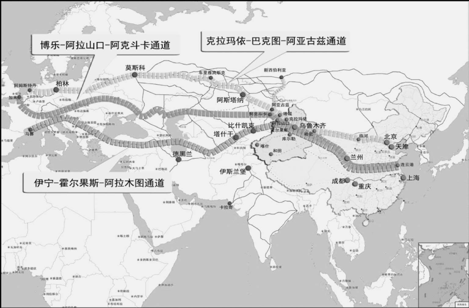 三条亚欧大陆桥示意图