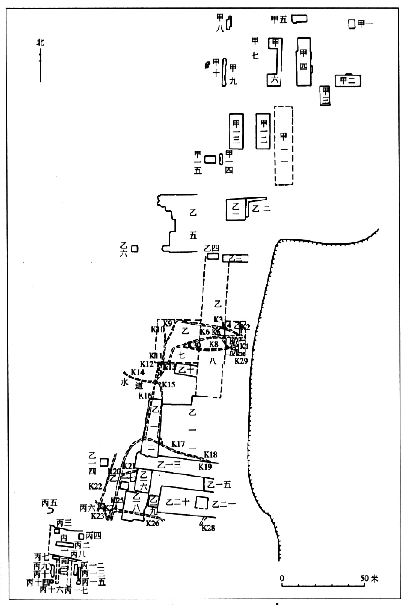 图十六 安阳殷墟宗庙宫殿区甲,乙,丙三组基址位置图
