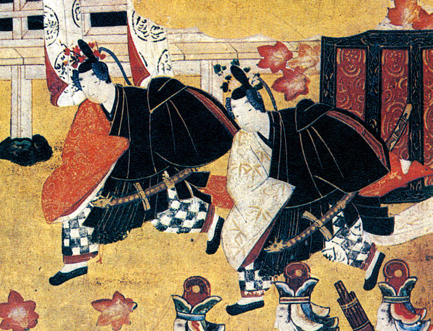 图为《源氏物语》第七回中,源氏和头中将共舞《青海波》的情景.