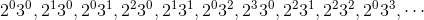 2^03^0,2^13^0,2^03^1,2^23^0,2^13^1,2^03^2,2^33^0,2^23^1,2^23^2,2^03^3,\cdots