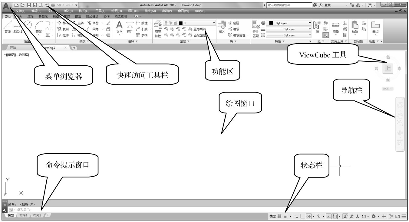 ViewCube工具菜单浏览器命令提示窗口快速访问工具栏绘图窗口功能区导航栏状态栏